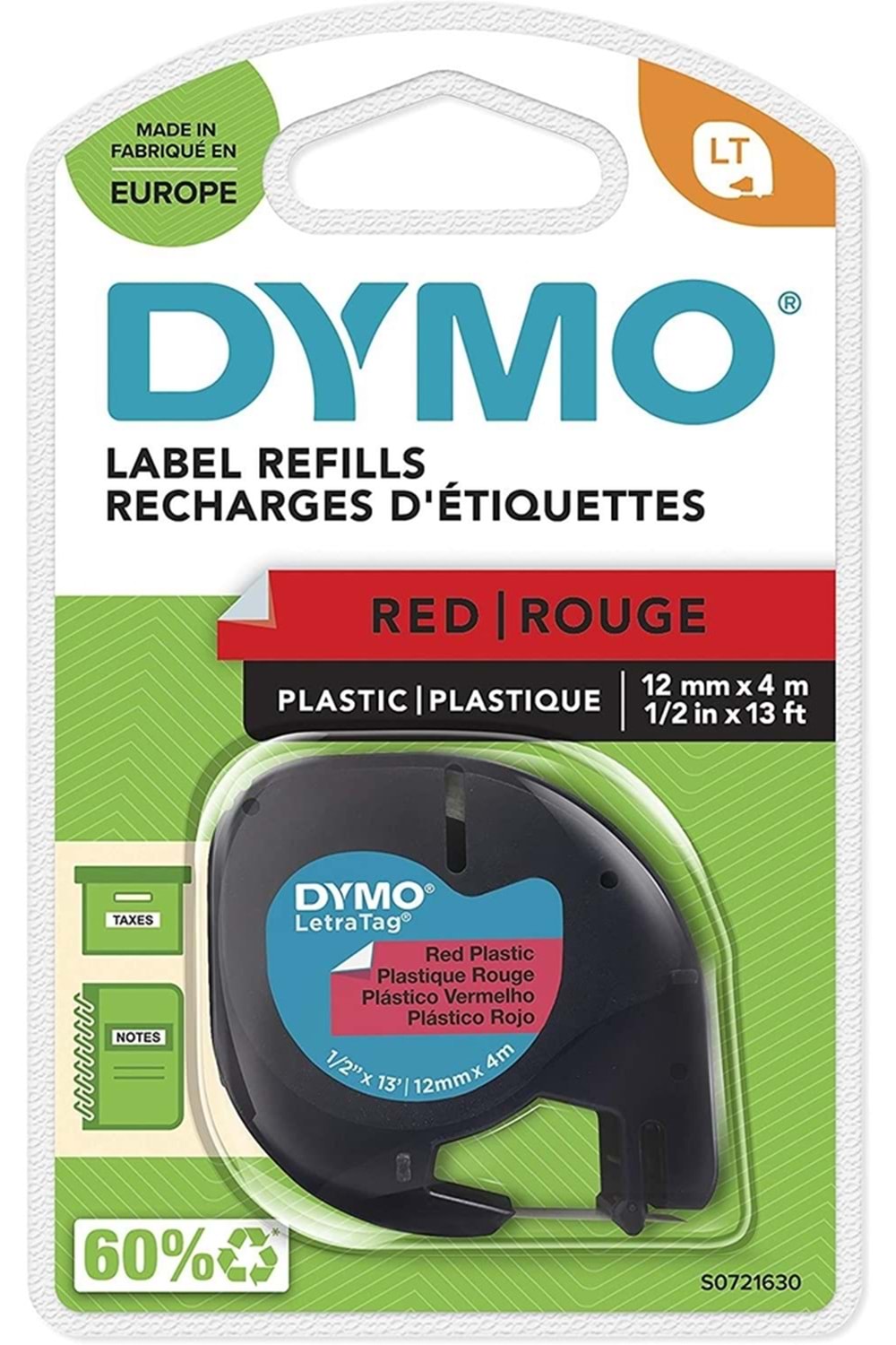 Dymo Letratag Şerit Plastik 12 Mmx4 Mt Kırmızı 91203