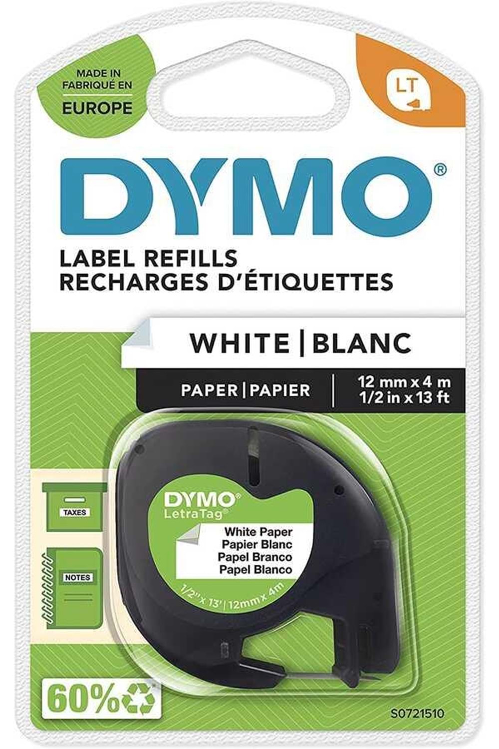 Dymo Orjinal Letratag Şerit Kağıt 12 Mmx4 Mt Beyaz | S0721510