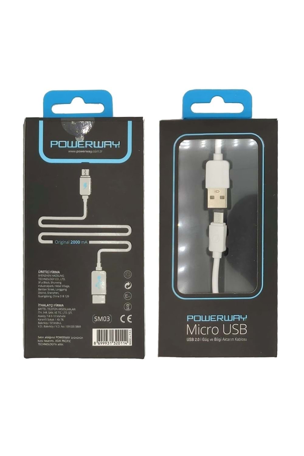 Powerway Sm03 2.a 1mt Usb Micro Şarj Kablo Kutulu Usb 2.0 Hızlı Şarj