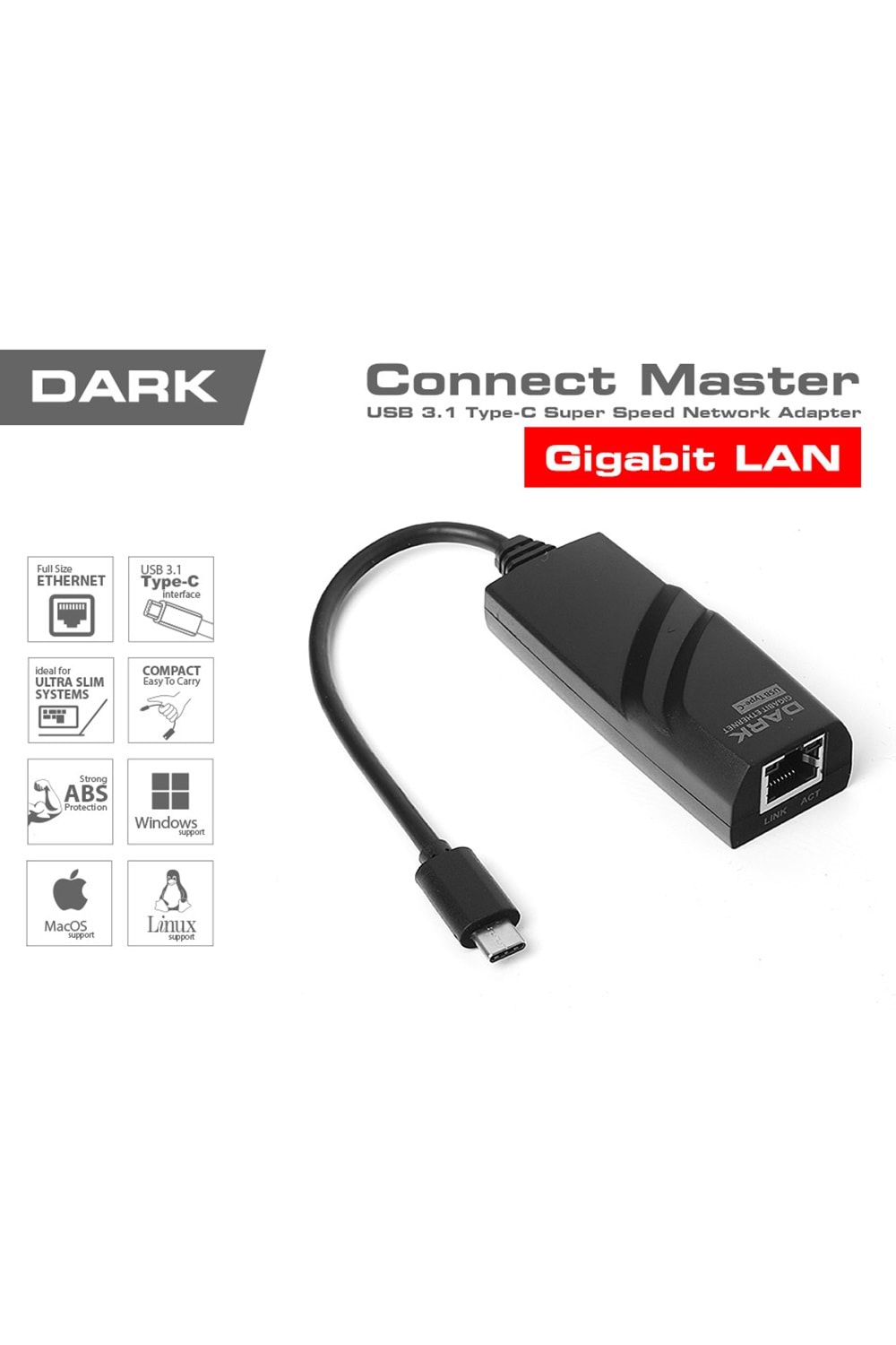Dark Dk-ac-u31xglan Usb3.1 Type-c - 10/100/1000 Gigabit Lan Ethernet Ağ Dönüştürücü