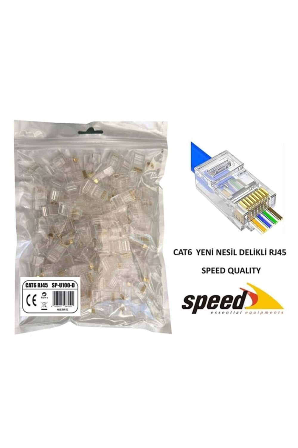 Speed Sp-u100 D Cat6 100 Adet Rj45 Konnektör Delikli Yeni Nesil