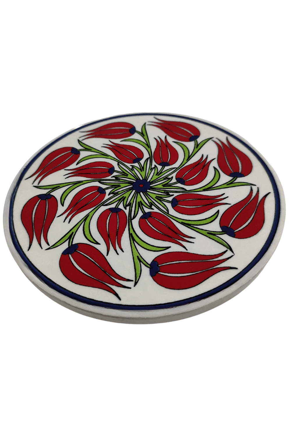 Çini Desenli Çiçekler Seramik Yuvarlak Nihale 16 Cm Koruyucu Kaydırmaz Altlik Model 1