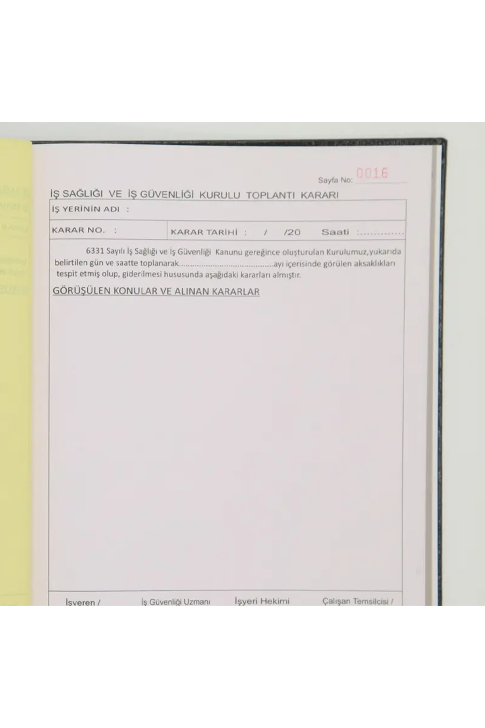 Dilman İş Güvenliği Kurulu Karar Defteri Numaralı 50 Yaprak | 22.5 X 28 Cm