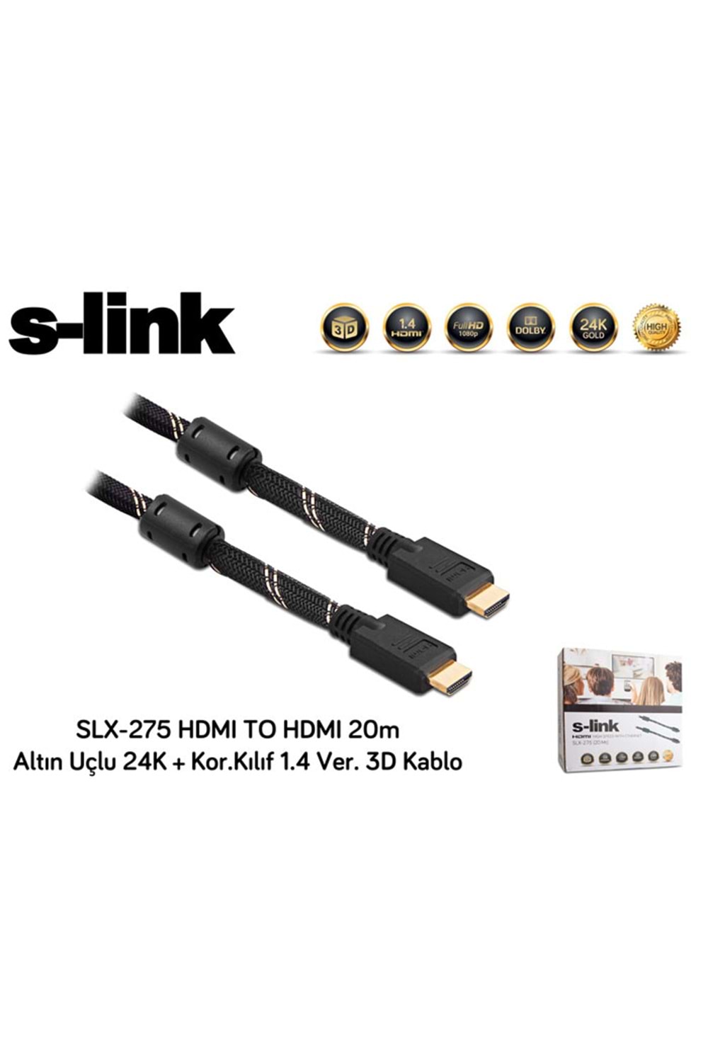S-link Slx-275 Hdmı To Hdmı 20m Altın Uçlu 24k + Kor.kılıf 1.4 Ver. 3d Kablo