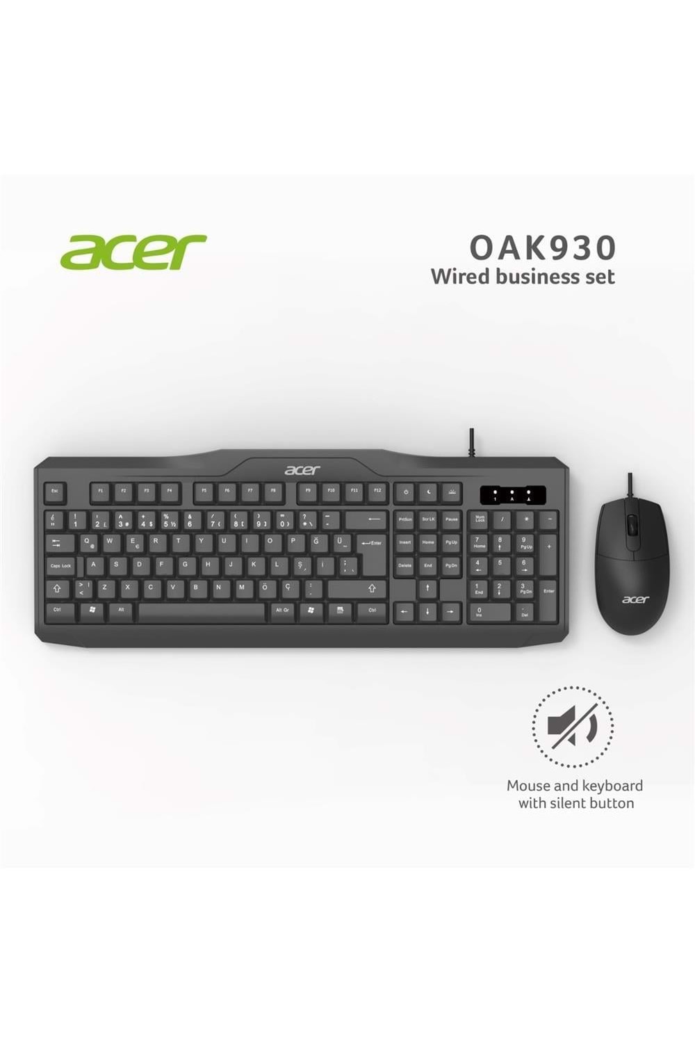 Acer Oak-930 Kablolu Sessiz Tuşlu Klavye Moue Set Siyah (klavye 1,40cm/mouse 1.60cm Kablo)