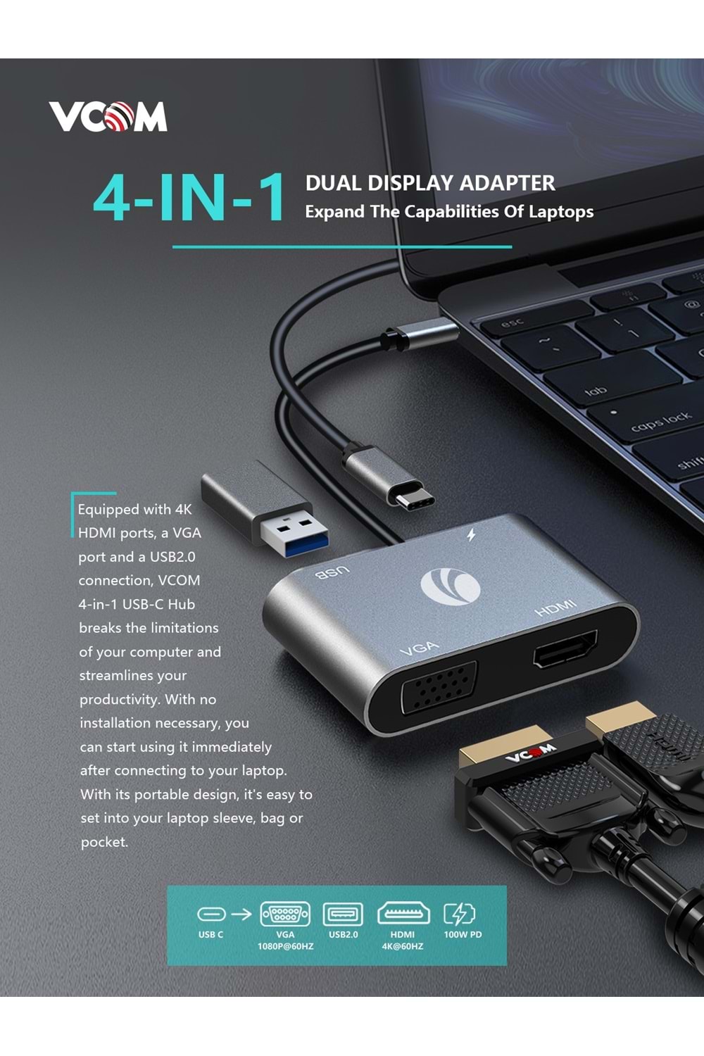 Vcom Type-c Docking 4in1 Vga+hdmı+usb+pd Docking Cu451