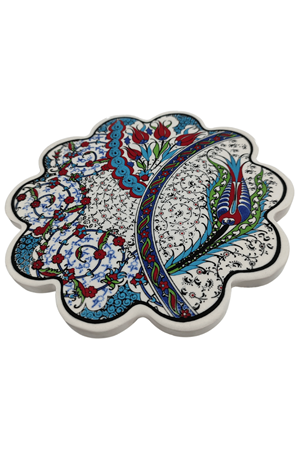 Çini Desenli Çiçekler Seramik Nihale 18 Cm Koruyucu Kaydırmaz Altlik Model 6