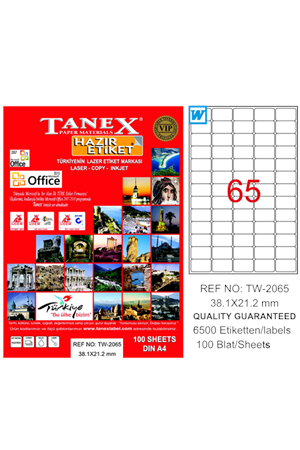 Tanex Laser Etiket 100 Yp 38.1x21.2 Laser-copy-ınkjet Tw-2065
