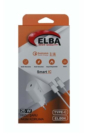Elba Type-c Beyaz 25w Typc-e Ev Şarj Kafa+1mt Type-c To Type-c Kablo 3.1 Hızlı Şarj | Elb04-pd-25w