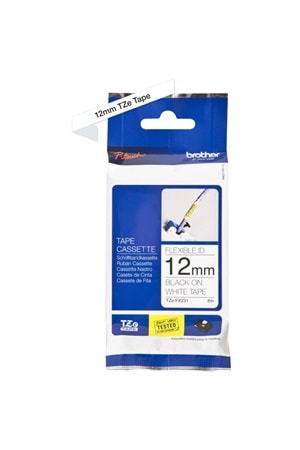 Brother Tze-fx231 12 Mm Beyazı Üzeri Siyah Esnek Laminasyonlu Etiket