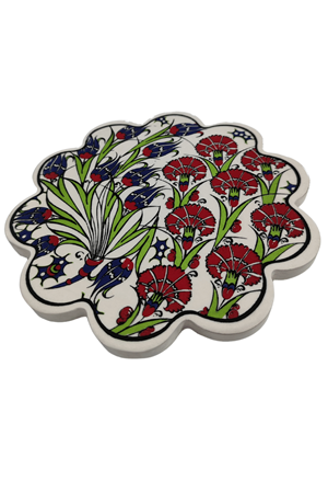 Çini Desenli Çiçekler Seramik Nihale 18 Cm Koruyucu Kaydırmaz Altlik Model 8