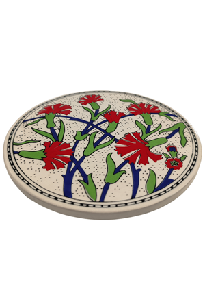 Çini Desenli Çiçekler Seramik Yuvarlak Nihale 16 Cm Koruyucu Kaydırmaz Altlik Model 3