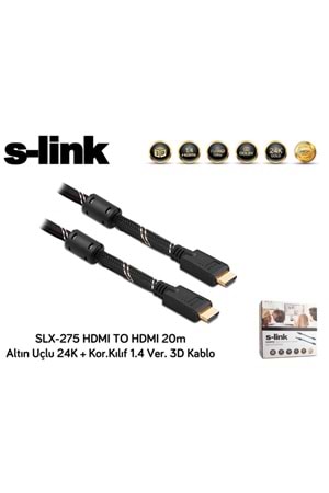 S-link Slx-275 Hdmı To Hdmı 20m Altın Uçlu 24k + Kor.kılıf 1.4 Ver. 3d Kablo