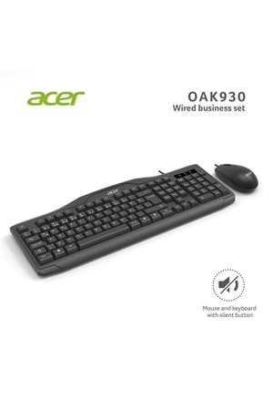 Acer Oak-930 Kablolu Sessiz Tuşlu Klavye Moue Set Siyah (klavye 1,40cm/mouse 1.60cm Kablo)