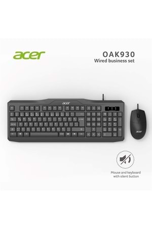 Acer Oak-930 Kablolu Sessiz Tuşlu Klavye Moue Set Siyah (klavye 1,40cm/mouse 1.60cm Kablo)