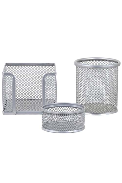 Temat Masa Seti Ataşlık-kağıtlık-kalemlik 3 Lü Metal Perforeli 1000 Gümüş