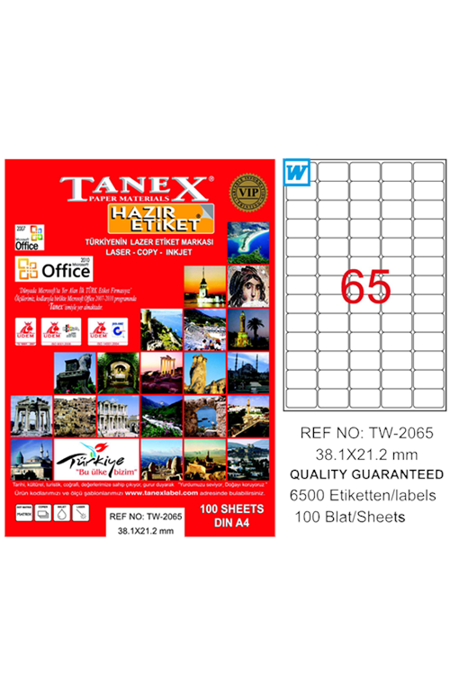 Tanex Laser Etiket 100 Yp 38.1x21.2 Laser-copy-ınkjet Tw-2065
