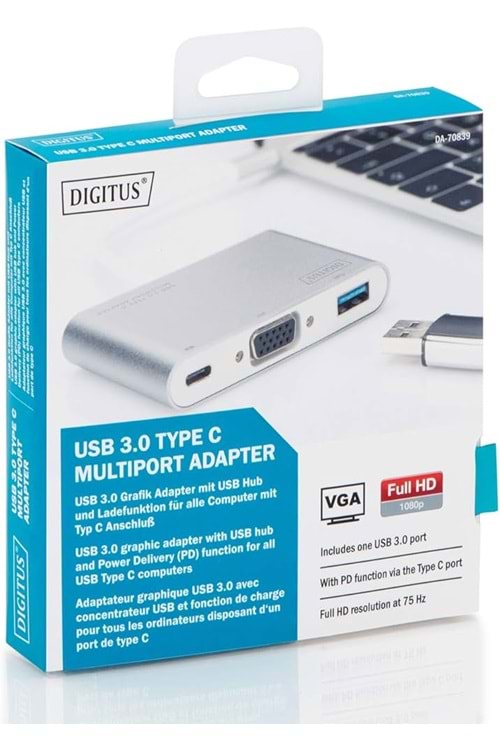 Digitus Da-70839 Usb Type-c Vga Multiport Dönüştürücü Adaptör, 3-port 1080p
