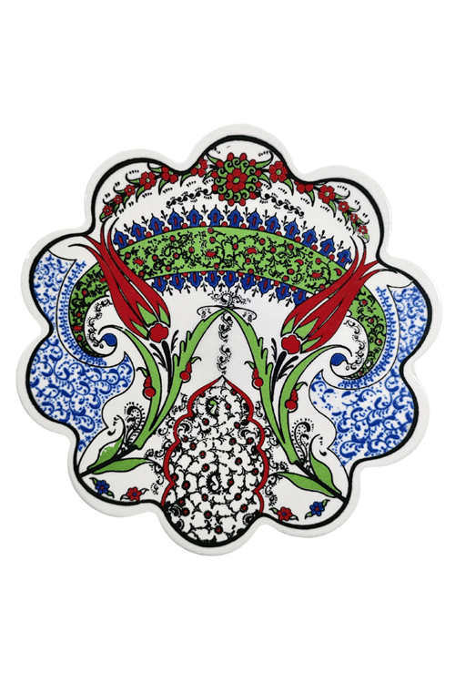 Çini Desenli Çiçekler Seramik Nihale 18 Cm Koruyucu Kaydırmaz Altlik Model 5