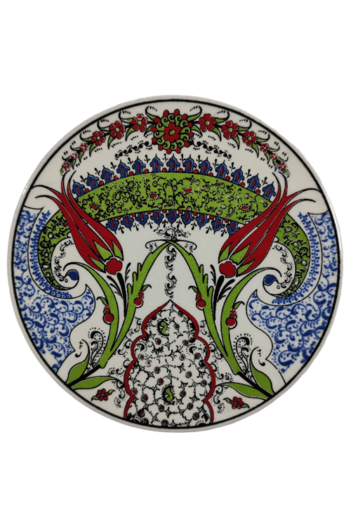 Çini Desenli Çiçekler Seramik Yuvarlak Nihale 16 Cm Koruyucu Kaydırmaz Altlik Model 4