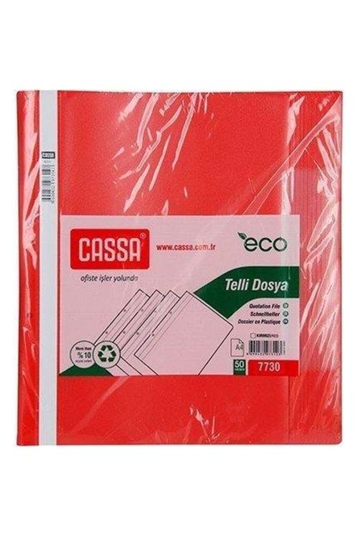 Cassa 7730 | Telli Dosya Plastik Eco A4 Kırmızı 50'li Paket