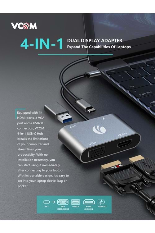 Vcom Type-c Docking 4in1 Vga+hdmı+usb+pd Docking Cu451