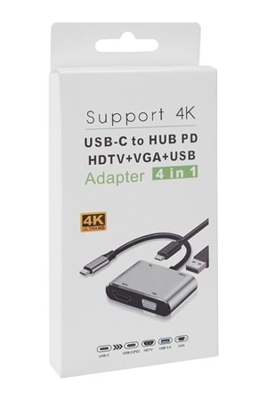 Hytech Hy-usbc22 4 İn 1 Type C To, Pd+hdmı+vga+usb3.0 Çevirici Hub Adaptör
